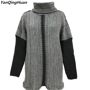 Yan Qing Huan 2018 Jauna Rudens Džemperis plāna Sadaļu, Augstas Apkakles Džemperis Sieviešu Modes vienkrāsainu Izšūšanas Brīvs Džemperis Top