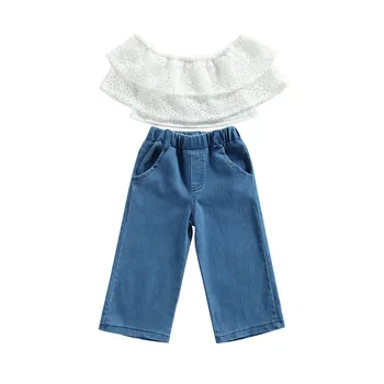 Bērnu Meiteņu Modes Tērps, Top&Bikses Mežģīnes Slash Kakla Krekls Top+Zaudēt Ilgi Džinsa Bikses Gadījuma Ielas Apģērbu 2GAB Bērni 2-7 Gadus