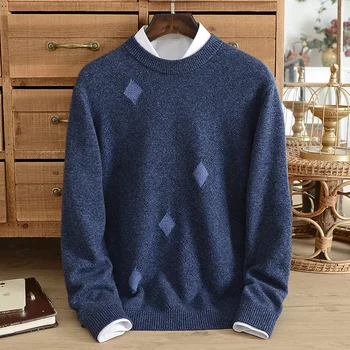 Rudens un ziemas sabiezējumu tīra kašmira džemperi, vīriešu apaļu kakla džemperis džemperis bieza adatu lielu dimanta žakarda tētis
