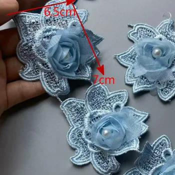 10X Blue 7 X 6.5 cm Rožu Pērļu 3D Ziedu Pušķis Mežģīņu Malu Apdares Lentes Auduma Izšūtas Aplikācijas Šūšanas Amatniecības Kāzu Kleita