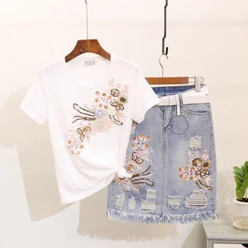Izšuvumi Vizuļi Ziedu T krekls un Caurumu Džinsa Svārki Divi 2 gabals tērpiem Apģērbu Komplekti Tracksuit Par Sievietes Tērps Jauno Vasaras