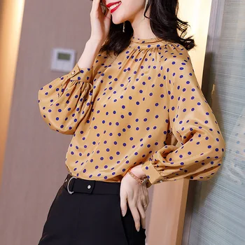 Birdsky, Sieviešu krekls ar garām piedurknēm blūze biroja dāma top 100% reāla mulberry zīda polka dot drukāt, DS-08