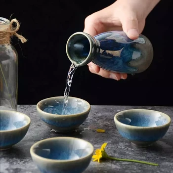 KINGLANG Japāņu 5gab Kopa Labad Vīna Kausiem Keramikas Ļoti Mazu Sakē Pudeli krūze, Vīna Kausiem 5gab Kopa Teacups