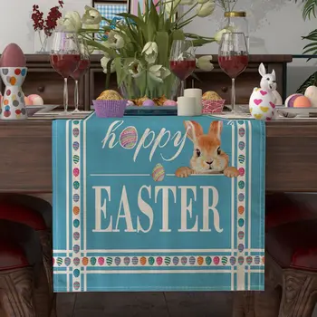 Happy Easter Bunny Galda Runner 13 x 72 Collu aiz rupjš audekls Zilas Olas Truša ēdamgalda Apdare, Iekštelpu Āra Mājas Puse Dekori