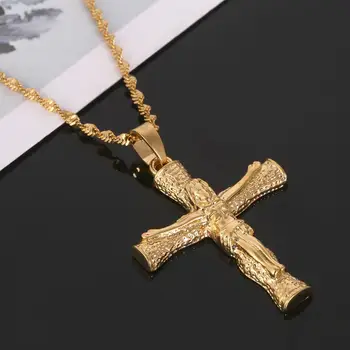 Zelta Krāsā Jēzus krustā Sišanu Krucifiksu Cross Kulons, Kaklarota, Modes Krusta Ķēdes Rotaslietas
