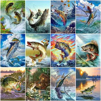 Zvejas Diy Dimanta Apgleznošana Sienu Dekors Anotācija Zivju Mozaīkas Cross Stitch Roku darbs 5D Diy Mākslas un Amatniecības Komplekts Pieaugušo