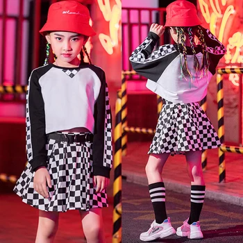 Bērnu Hip-Hop Uzvalks Meitene Ilgtermiņa Piedurknēm Džemperis Pleds Svārki atbilstoši Bērniem Džeza Deju Kostīms Sieviešu Hip-Hop Karsējmeiteņu Valkāt DL5475