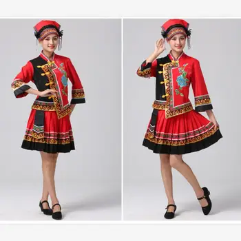 Sieviešu Ķīnas tautas deju tērpu Hmong posmā performerce valkāt Pieaugušo Miao apģērbs, Apģērbs tradicionālā Ķīniešu tērpu plisēt svārki