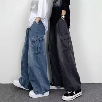 2022 Vīriešiem Vintage Y2K Streetwear Baggy Kravas Džinsi ar Augstu Taisnām starām. Plaša Kāju Bikses Džinsa Bikses Pasaku Apģērbs