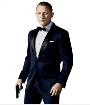Pasūtījuma Slim Fit Tumši Zilu Uzvalku, Iedvesmojoties Uzvalku Nēsā James Bond Kāzu Žakete Vīriešu Līgavainis Apģērbi Bikses Loku Melns
