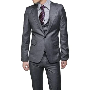 Pasūtījuma Žakete, Bikses Slim Fit Pelēks Līgavainis Uzvalku Iecirtums Atloks 3Pcs Cilvēks Tērpi Groomsman Kāzu Uzvalki(Žakete+Bikses+Veste+Kaklasaite)