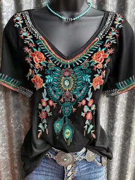 Etnisko Stilu, Sievietes, V-veida Kakla T-krekls 2022 Jauno Vasaras Ikdienas Blūze Top Sieviešu Modes Bohēmijas Drukāt Multicolor Īsām Piedurknēm Topi