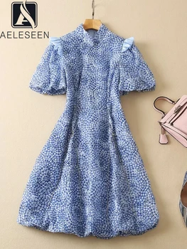AELESEEN Dizaineru Modes Sieviešu Mini Kleita Pavasara Vasaras Jaunas Ielidošanas Zilās 3D Appliques Ruffles Iespiesti brīvdienas Brīvdienas
