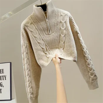 Modes dizaina rāvējslēdzēju brīvs džemperis īss cepti mīklas vērpjot džemperis sievietēm jaunu cieto vienkārši adīt augšu