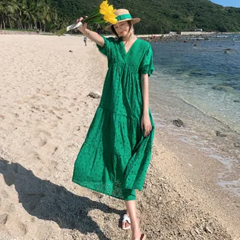 Jauno Modes Zaļo Mežģīņu Dobi No Izšuvumi Kleita Sievietēm Ar Īsām Piedurknēm Sexy Dziļu V Veida Kakla Elegants Zaudēt Vasaras Kleita Vestidos