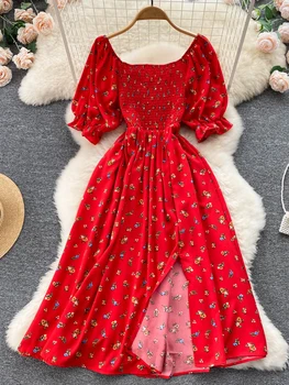 YuooMuoo Ierobežots Lielā Izpārdošana Sievietes Kleitu Modes Romantisku Ziedu Drukāt Bd Gara Vasaras Kleita Puff Piedurknēm Pusei Korejiešu Vestidos