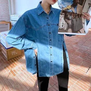 Dizaina Sajūta, Biroja Dāma Modes Džinsa Krekls Sieviešu Apģērbu Pavasarī Ir 2021. Jaunu Sadalīt Top Vienotā Krūtīm, Puff Piedurknēm Topi Brīvs