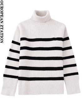 PAILETE Sieviešu 2022 modes biezs silts svītrainām adīt džemperis vintage augstu uzrullētu apkakli ar garām piedurknēm, sieviešu džemperi šiks topi