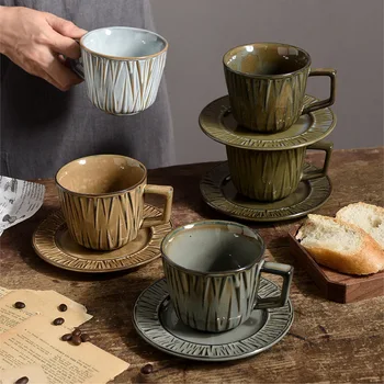 Retro Keramikas Kafijas Krūze Šķīvītis Uzstādīt Ziemeļvalstu Pull Ziedu Radošās Mājas Vertikālas Svītras Pēcpusdienas Tējas Tasi Virtuve, Dzeramais Trauks