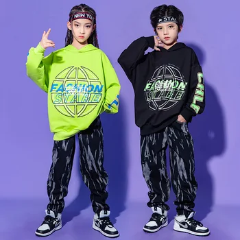 Mazulis Kpop Hip Hop Apģērbu pelēkā vārna sporta Krekls Lielgabarīta Top Print Streetwear Jogger Bikses Meitene, Zēns, Džeza Deju Tērpu Apģērbs