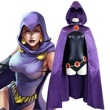 Teen Titans, Super Varonis Raven Cosplay Kostīms Sieviešu Black Bodysuit Violeta Kapuci Apmetnis Jumpsuits Halloween Party Kostīms