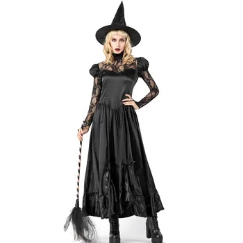 Jaunā Sieviešu Halloween Kostīmi Ragana Melnā Mežģīņu Gara Kleita Pieaugušo Cosplay Lomu Spēlēt Raganas Kostīms, kleita halloween